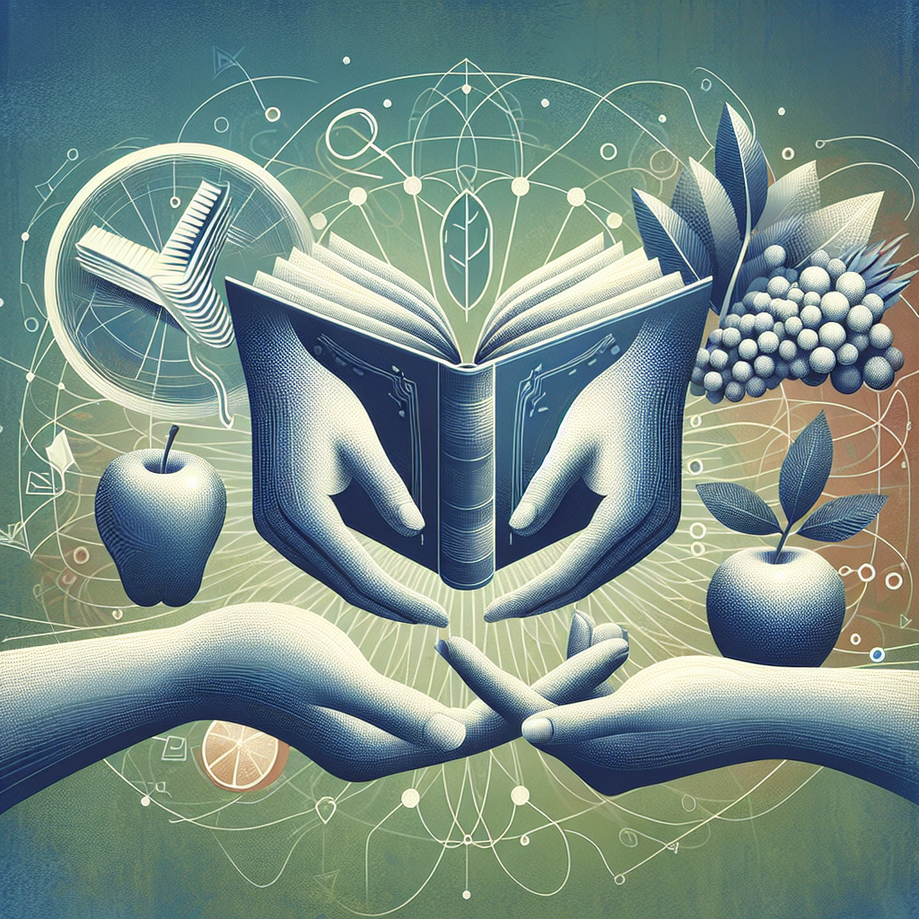 An abstract image that symbolizes three factors that influence self-awareness and self-esteem. First, depict an open book to represent knowledge and learning. Second, represent supportive relationships with a pair of hands holding each other. Finally, illustrate healthy lifestyle choices with a depiction of fresh fruits and vegetables.
