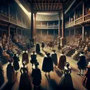 An artistic portrayal of a Shakespearean drama in the midst of performance on a classical Elizabethan stage. The scene should depict the critical point of the story arc, with actors sharply dressed in traditional Elizabethan costumes. The setting should be an open air theatre, like the Globe Theater, with audience members eagerly watching the play, unified in their intrigue. The focus of the portrayal should be on the stage and the actors, exemplifying a climactic moment in the performance. Please ensure that the image does not contain any text.
