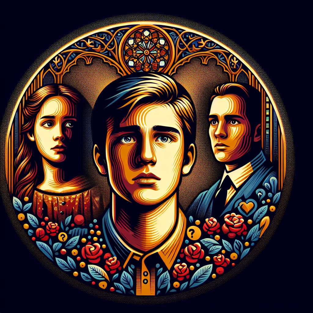 An engaging visual representation of a question relating to the story of Romeo and Juliet, specifically focusing on the character of Juliet and her relationship with two men, Paris and Romeo. The image should be rich in symbolic elements to depict the situation. It might include elements such as a solemn looking young Caucasian woman, possibly Juliet, caught between an image of two different men, symbolising Romeo and Paris. Please avoid using any text in the image.
