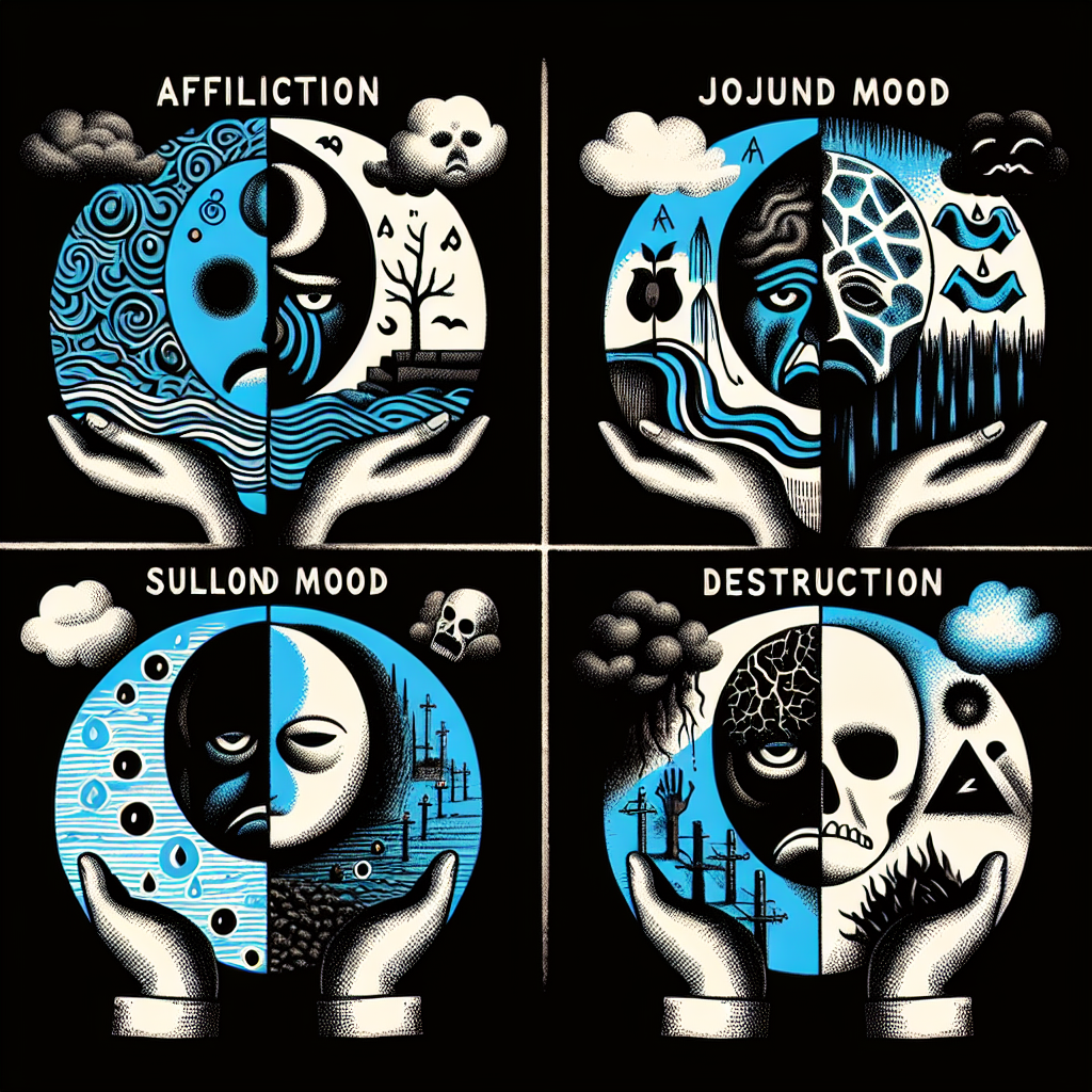 Create an abstract image representing the concept of analogy completion and the four emotions represented by the multiple choice options. Depict four symbols or scenes, representing affliction, jocund mood, sullen mood, and destruction, respectively. Please ensure there's no text in the image.