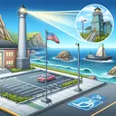 Create an illustrated scene of a school setting featuring a tall flagpole standing in the parking lot under a clear blue sky. Beside the school, depict an accessible gradient ramp for wheelchairs with a gentle slope. In the far distance, visualize a coastal scene with a high cliff, on top of which is a classic lighthouse. The lighthouse beam illuminates the area down towards the ocean where a lone ship with a deck about 25 feet above sea level is sailing.