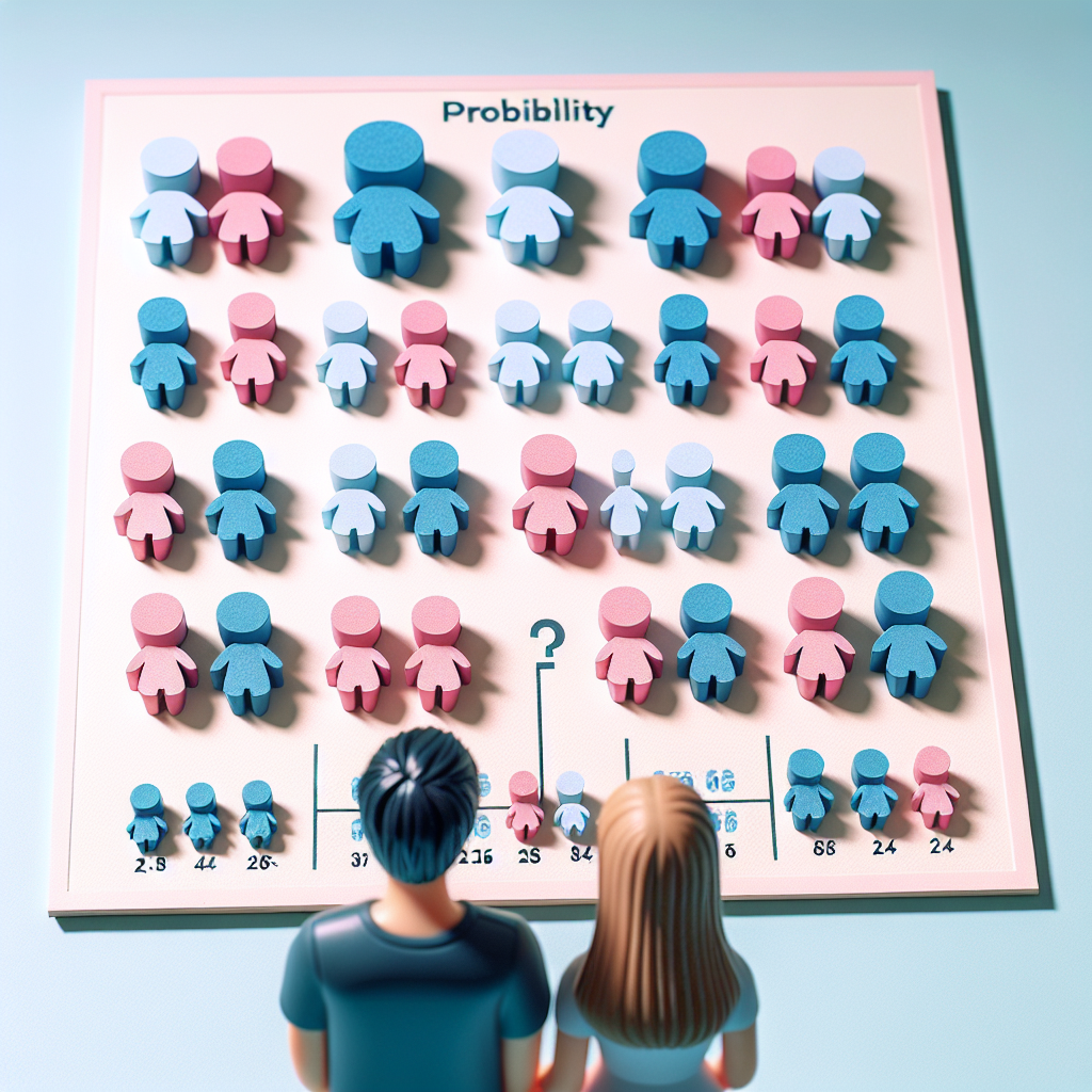 An image representation of a mathematical probability problem involving family planning. The scene includes a diverse couple visualizing their future with three child-shaped silhouettes. Each silhouette could be filled with baby blue or baby pink to portray the possibilities of having boys or girls in different combinations. The silhouettes should be arranged in such a way that they indicate the different probabilities, such as all boys or having at least one girl, without using any text.