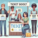 Generate an illustration with a Caucasian male and a South Asian female standing near a ticket booth. They are both volunteering for a charity event. The man is holding a sign with '7 adult tickets' and the woman is holding '16 student tickets'. Nearby, another Caucasian female is shown holding a sign with '13 adult tickets' and a Black male with '9 student tickets'. The tickets also need to be visible. Each person should be happy, indicating the success of ticket sales. A banner for the charity event is hung on the ticket booth. Remember to avoid including any text.