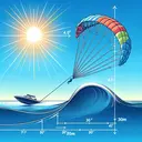 A scenic illustration of a parasailor being towed by a motorboat on a bright, sunny day. The parasailor is soaring over a sparkling sea, as depicted from a side view perspective. The towing rope, about 70m long, creates an approximate 30° angle with the calm, undulating water surface. This angle should be carefully designed to visually convey the mathematical concept. All these elements must dominate the image but ensure no text is included. Emphasize on the height estimation of the parasailor above the water surface, the ultimate focal point of the image.