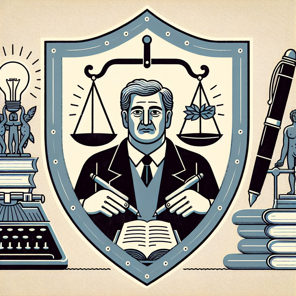 Illustrate the concept of 'fair use' without using any text. The image could include an open book, a set of weighing scales symbolizing equality and justice, a pen, and perhaps an individual (such as a middle-aged Hispanic man) in the act of creating or using material, with a lightbulb above his head to represent an idea being generated. To further emphasize the concept, depict a shield around the individual, symbolizing protection provided by these laws.