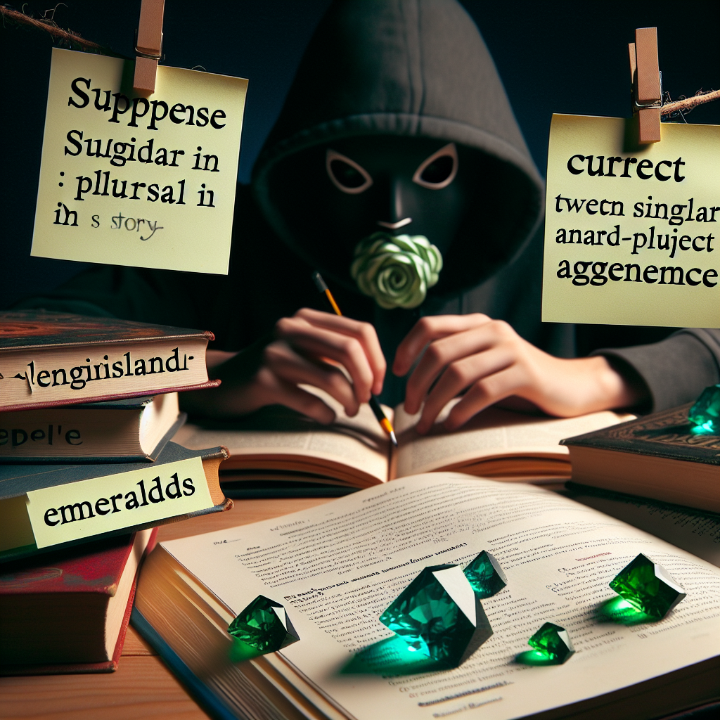 Create an academic image illustrating the concept of suspense in a story, a clear distinction between singular and plural words, and the correct usage of the word 'Emeralds' in a sentence. Without any text, the image should be captivating enough to convey these concepts. Possibly show a person in silent contemplation over an eerie mystery book symbolizing suspense, a sticky note with a list of singular and plural words, and a grammar book open to a page discussing verb-subject agreement. Add some emeralds scattered on the table, symbolizing the third question.