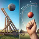 Create an accurately depicted and appealing image showing two scenarios side by side. On the left side, depict a large, traditional wooden catapult on a grassy hill, launching a grey boulder into a clear blue sky. The boulder is at its highest point which makes a visible parabolic trajectory showing the path of the upward and downward movement according to given equation. On the right side, illustrate a human hand releasing a small red ball with upward thrust against the backdrop of a park scene. Similar to the boulder, this ball is also at its apex point, with a visible parabolic trajectory indicating its flight path according to the mentioned physics equation. Ensure the image contains no text.