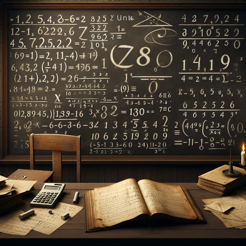 Illustrate a scene of an old, mathematical puzzle set in an antique classroom. A large blackboard hosts depictions of various three-digit numbers and half-erased chalk calculations. Notably, show a large and prominent three-digit even number, where the units and the hundreds digit would be the same if interchanged. Add visual elements like a wooden desk with an old calculator and parchment papers, a dusty chalk stick resting on the chalkboard ledge, a lit candle to evoke the intellectual atmosphere. Do not include any text in this image.