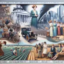Imagine an engaging historical montage capturing the progression of significant events in South Carolina's history. There is a scene depicting the impacts of World War I on the state's economy, with women taking over jobs usually fulfilled by men, and a remarkable reduction in factory production. Another scene displays farmers cultivating fields in the post-war era, and the declining prosperity of agriculture. This is followed by an illustration of the 1920s social changes, including young women dressed in flapper style. The subsequent scene presents distress during the depression with banks failing and families on the move in search of work. Lastly, observe a poignant depiction of increased church attendance, symbolizing hope amid adversity.