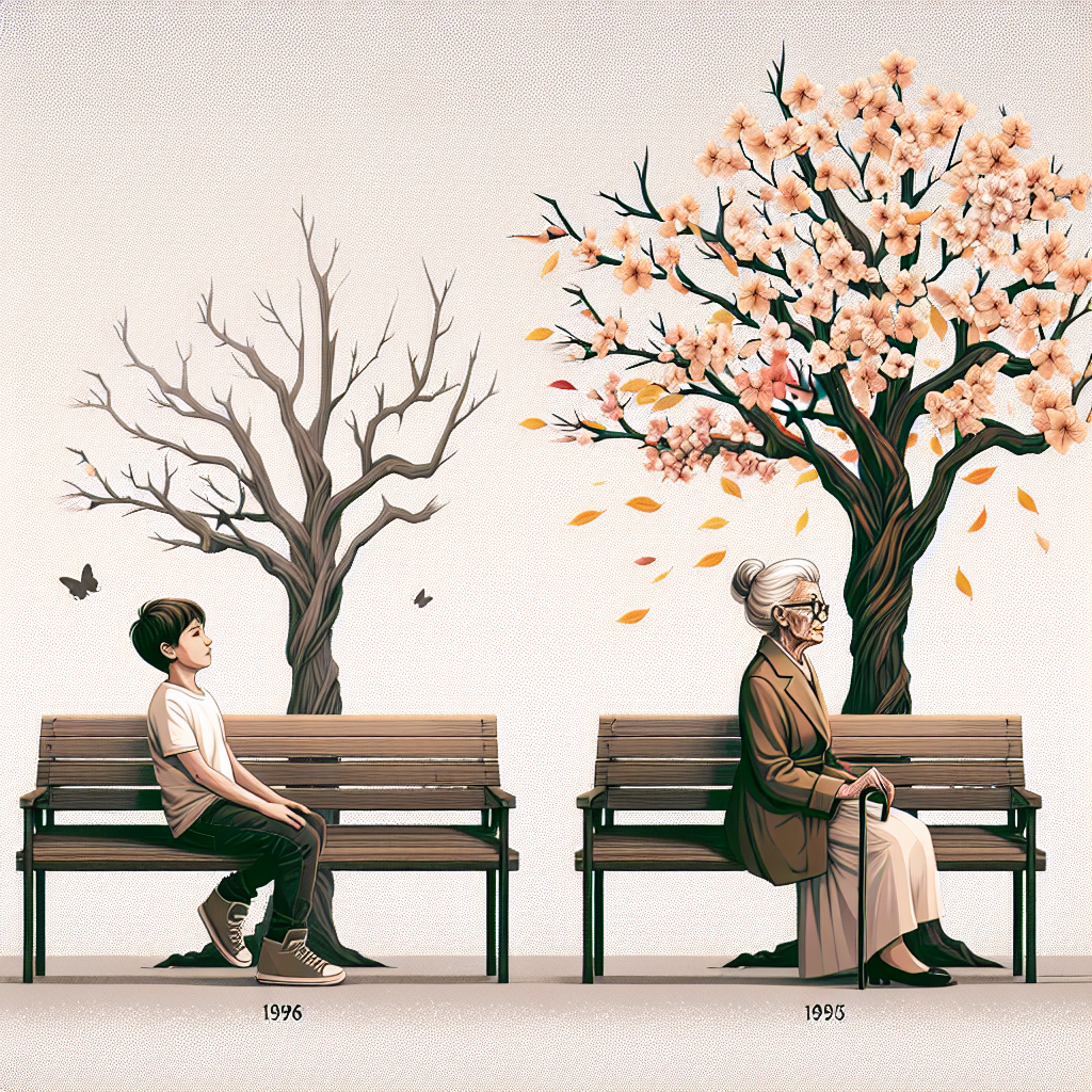 Create a visually appealing image that represents a woman and her son depicted in different stages of their lives, symbolizing the passing of time. The woman, with noticeable signs of maturity, is in her prime years while her son is in his youthful years, showcasing a stark contrast in their ages. Have them perhaps sitting on a park bench, with a tree behind them showing the passing of seasons. The tree has blossoms blooming on one side and leaves falling on the other side, highlighting the progression of time. Please ensure the image contains no text.