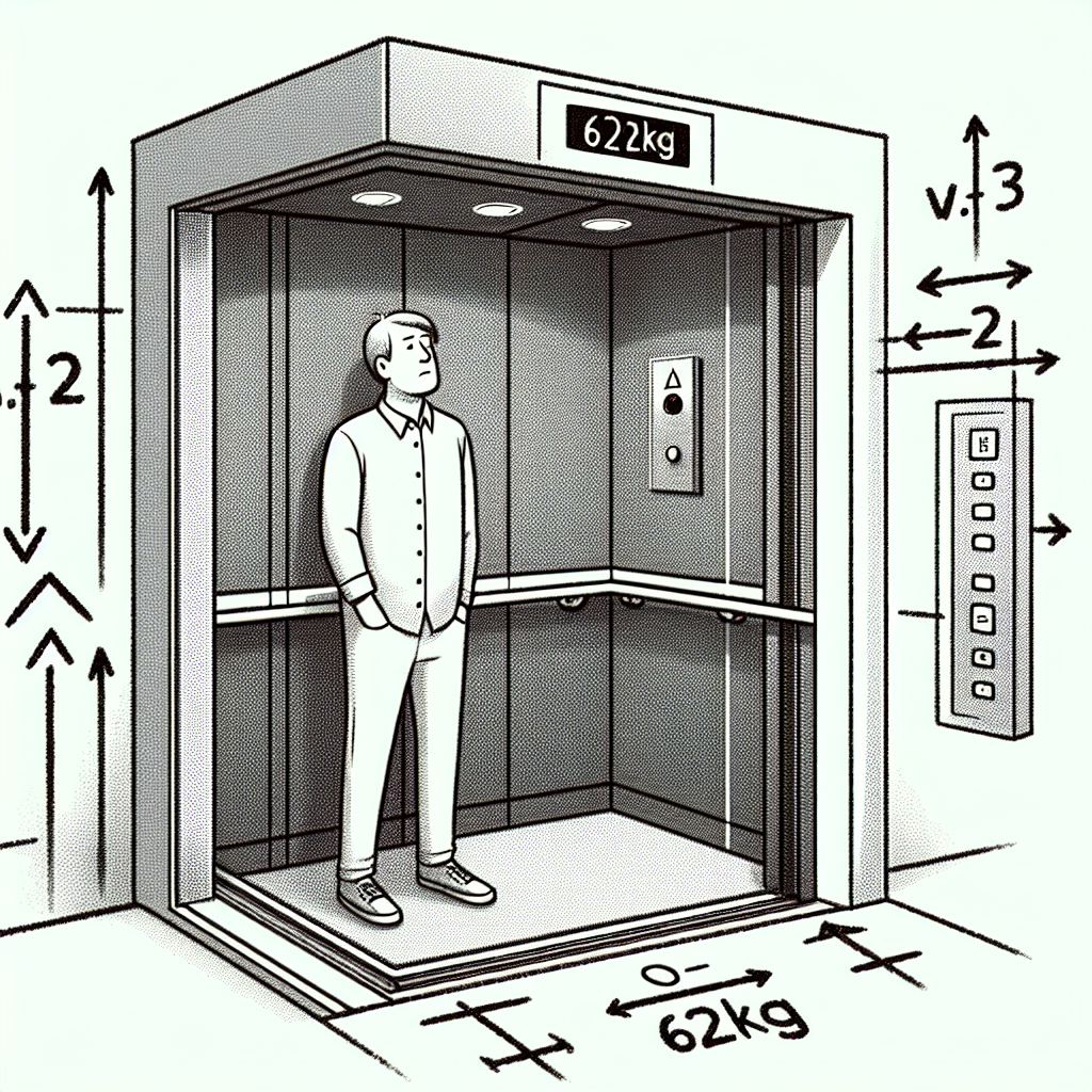An image depicting a scene pertaining to physics calculations: Picture a 62kg person standing inside an elevator. The elevator is depicted as being in motion, moving upward with arrows indicating a constant speed. The person has a thoughtful expression, perhaps indicating they're calculating something. Note: the image should have no text or numbers.