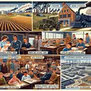 Illustrate an educational history themed visual. In one corner, depict a 1950's style farm with vacant fields and unused modern machinery. In another corner, show a scene from the World War II era with many newborns and families looking distressed looking at a small house. The third scene should depict a classroom with a clear emphasis on overcapacity, representing a shortage of schools. Alongside, create an image of young men working in a national park or building a dam, signifying the Civilian Conservation Corps. Also, include the representation of a historic meeting between politicians to represent the policy of appeasement. The final scene should capture black factory workers during World War II, and military bases signifying the cold war effect on South Carolina. All the scenes should be interconnected, show diversity and have a harmonious flow.
