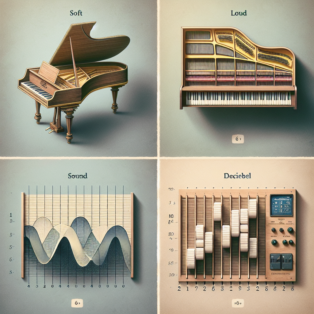 Create a visually appealing image representation of a question about the harpsichord. The image should be composed of four different sections. In the first section, depict a harpsichord with subtle shadows and highlights, hinting at a limited range of dynamics. In the second part, depict a modern music setup without a harpsichord, emphasizing its limited use in contemporary music. The third part should contain contrasting images of soft and loud decibel waves highlighting the unavailability of varied sound volume with a harpsichord. Finally, for the fourth part, focus on the mechanism of a harpsichord showing strings being plucked. Remember, no text should be visible in the image.