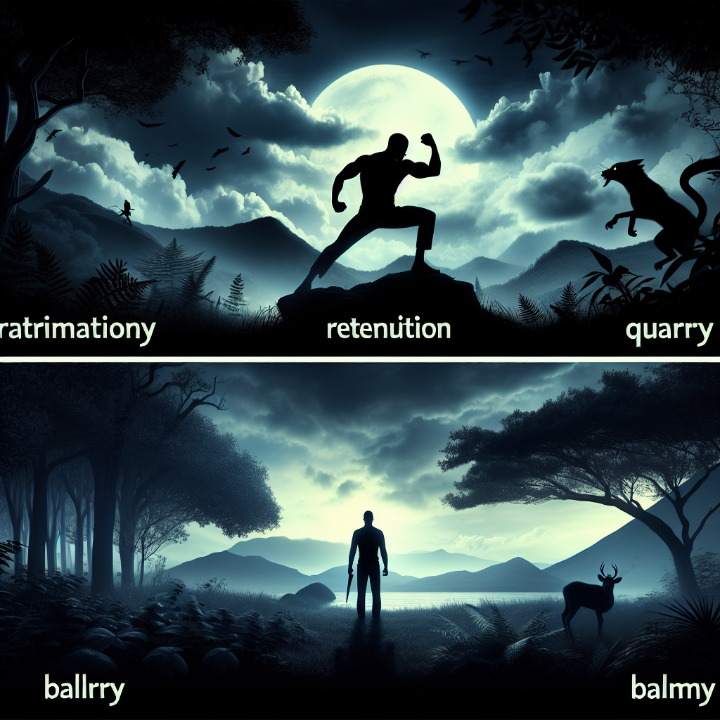 Visualize an image that symbolizes the essence of the vocabulary words used in three different situations, with no text included. First, depict the powerful feeling of seeking revenge, represented by a dramatic scene showing a silhouette with clenched fists against a stormy sky, symbolizing 'retribution'. Second, illustrate a stealthy hunter quietly approaching its target in a wild, lush environment, depicting the concept of a 'quarry'. Lastly, show a solitary figure enjoying a peaceful night walk, embodying the refreshing and 'balmy' night air.