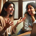 An engaging scene depicting two women in conversation. One woman, with South Asian descent and brown hair, is enthusiastically talking with her hands, conveying her excitement. She's sitting across a table from her friend, a Middle-Eastern woman with a thoughtful expression on her face, physically indicating careful understanding of the story. They are in a cozy, well-lit environment, perhaps a coffee shop or a comfortable living room. On the table between them, a laptop is open to a generic social networking website. Please ensure the image contains no text.