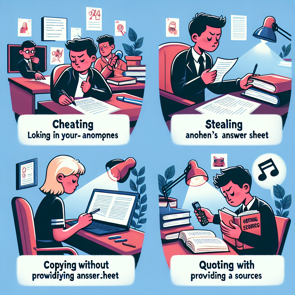 Create an image showcasing four illustrated examples in the context of education that represent cheating through visuals like a person looking into another's answer sheet, stealing represented by someone taking another's belongings, copying without providing sources depicted by a student copying information from a book without noting the source, and quoting with source indicated through a student referencing a book and taking notes. The image should be set in a regular study environment and should not contain any text.