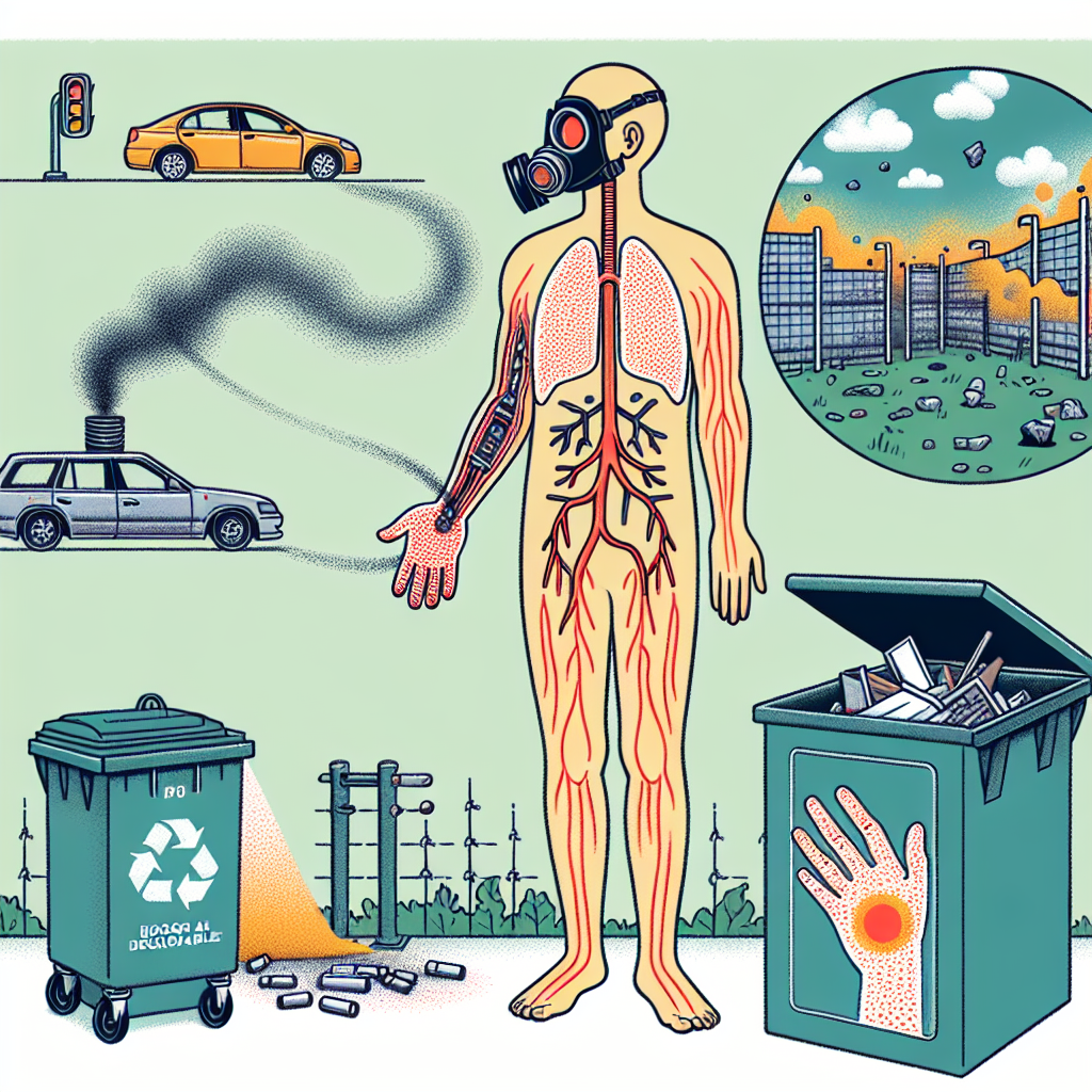 Design an environment-themed image. The scene takes place in an outdoor setting and consists of three major elements linked with each question. Firstly, visualize a person wearing a gas mask representing the harmful effects of air pollutants on the respiratory system. The person's hand has dots traveling up their arm, illustrating air pollutants entering the bloodstream. Second element includes a trash bin filled with debris labeled 'biodegradable', next to a human figure with a protective shield to signify the absence of threat. Lastly, depict a damaged protective layer around the Earth showing the harm done by air pollutants to the ozone layer.