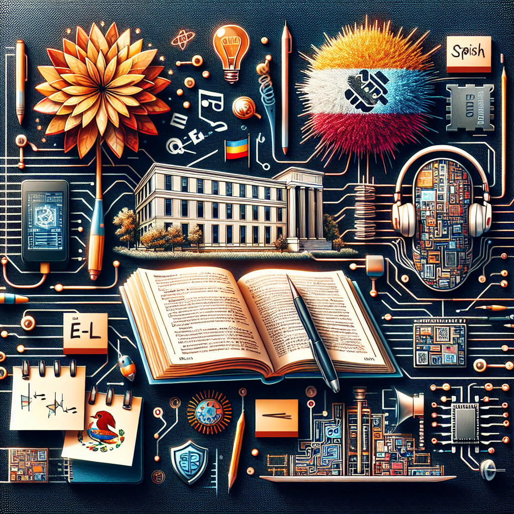 Create an image with a Spanish language teaching theme, including elements like a Spanish-English dictionary, an open notebook with a pen, post-it notes with Spanish vocabulary, and headphones for language learning audio. In addition, depict a visually abstract representation of university campus life involving technology, perhaps through elements of microchips, circuit designs, or a laptop. Also, include symbolic representations of Hispanic and Latino culture, such as a flag or traditional patterns. Lastly, an abstract hint to Alvarez's atomic bomb achievement could be subtly incorporated in the form of a mushroom cloud in a science textbook or a spark of explosion. Make sure there is no text in the image.