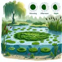 An illustrative scene of a serene pond filled with abundant green algae. In it, one can see a small patch of algae that is noticeably doubled in size every 6 hours. To represent the passage of time, include three sun movements indicating morning, afternoon, and night. The pond is surrounded by reeds, a willow tree, and few lily pads floating on the surface. Remember, the image should not contain any text.