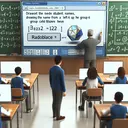 Create an educational image showcasing a school principle using a computer program to random select student names, signifying a probability event. The principal has a specific focus on drawing the name from a group called Blazers twice. The scene takes place in a contemporary school setting, and the emphasis iste on the random selection process. Please also depict, in a corner of the image without text, a geometric 2D representation of an equation being translated 4 units to the left and 6 units up.