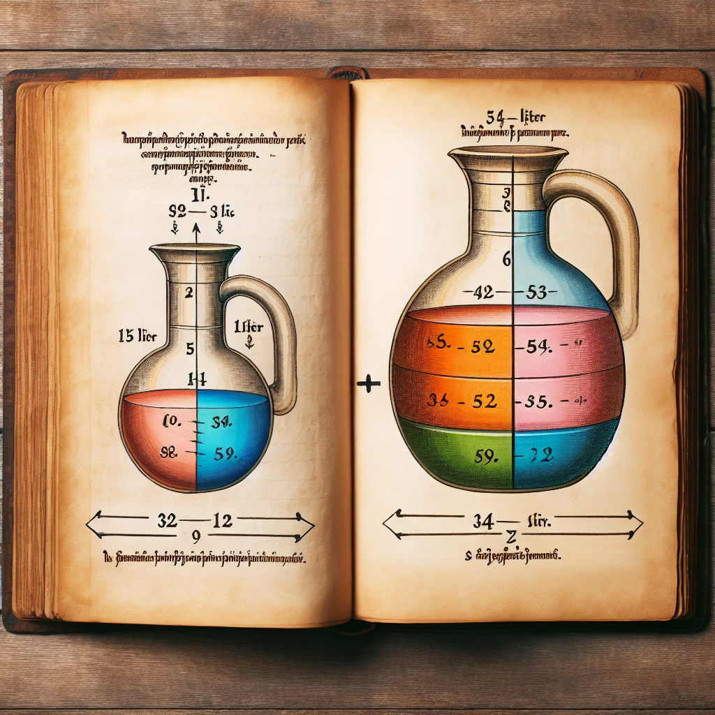 Visualize an image depicting an open book on a wooden table. On the left page of the book, show a 15th century-style sketch of a 19-liter jug, with a small portion coloured to indicate juice and the remainder indicating water. On the right page of the book, depict a larger, 54-liter jug with three distinct sections, each one-third of the total capacity, to represent the new composition of juice to water. Make sure no numbers or text are included in the image.