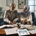 Create an image depicting a calm retired couple, perhaps a South Asian man and a Middle-Eastern woman, sitting together in their modest living room. They have a discussion regarding their finances. On a coffee table before them, various investment papers are scattered around, including documents about AA bonds and bank CDs. A notepad with calculations clearly shows their aim for $12,000 annual income from $150,000 investment. An aura of determination and focus fill the room. Their expressions show hope and determination as they work through their financial planning, ensuring a comfortable retirement.
