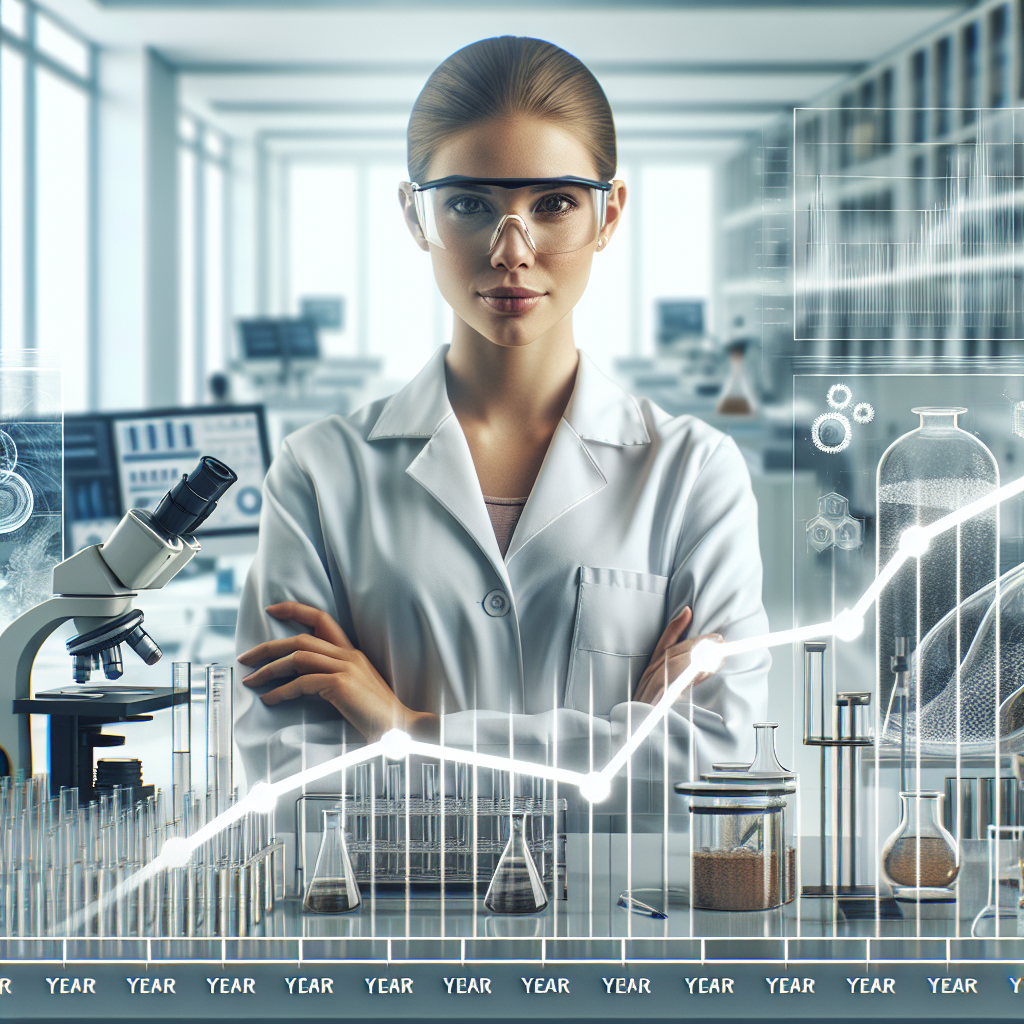 Imagine a modern-equipped laboratory with various equipment and instruments, such as microscopes, test tubes, and computers. In the center of this environment, there's a female lab technician. She's Caucasian, with a focused look on her face, wearing a white lab coat and safety glasses. In the background, you see a timeline showing a consistent upward trend, from year one to year seven, to symbolize her annually increasing salary. There's no text or numbers, just a noticeable upward trajectory year after year.