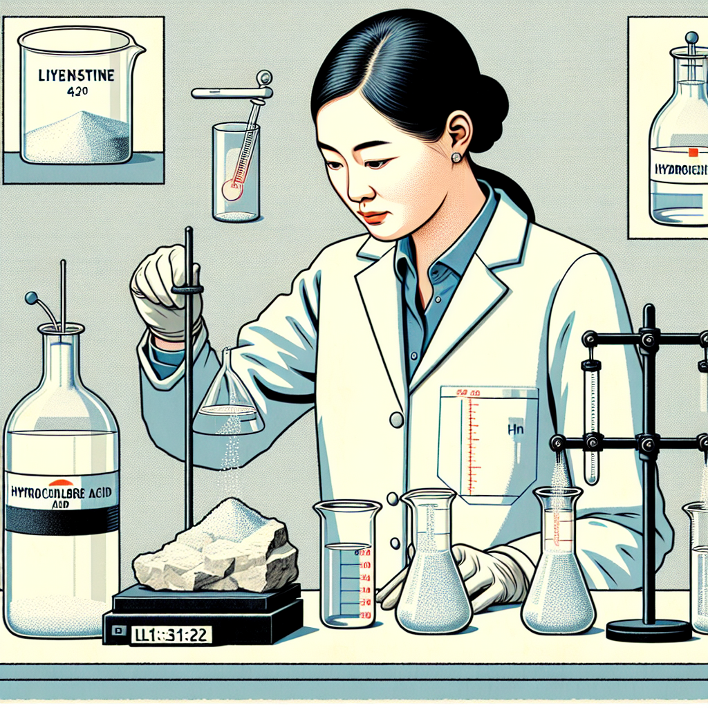 An illustration embodying the concept of a chemistry experiment taking place. Depict a scientist with Asian descent and female gender in a lab coat, carefully measuring limestone with a scale. In one corner of the room, there are glass beakers containing clear liquids representing hydrochloric acid and sodium hydroxide. Emphasize the action of reaction between the substances without any textual representation. This image should give a sense of precision and scientific investigation.
