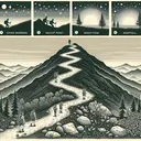 An illustration of a tranquil landscape depicting a hiker's journey. Start with the scene of a serene, early morning, with a hiker starting his journey at the base of a daunting hill. Show various resting points along the upward path, decorated with rocks and trees. At the top, illustrate nightfall with the hiker resting, surrounded by stars. Transition to the next morning, as he begins his descent along the same path, stopping at a few points. The hiker should be depicted at several identical points at the same time of day, in both ascent and descent.