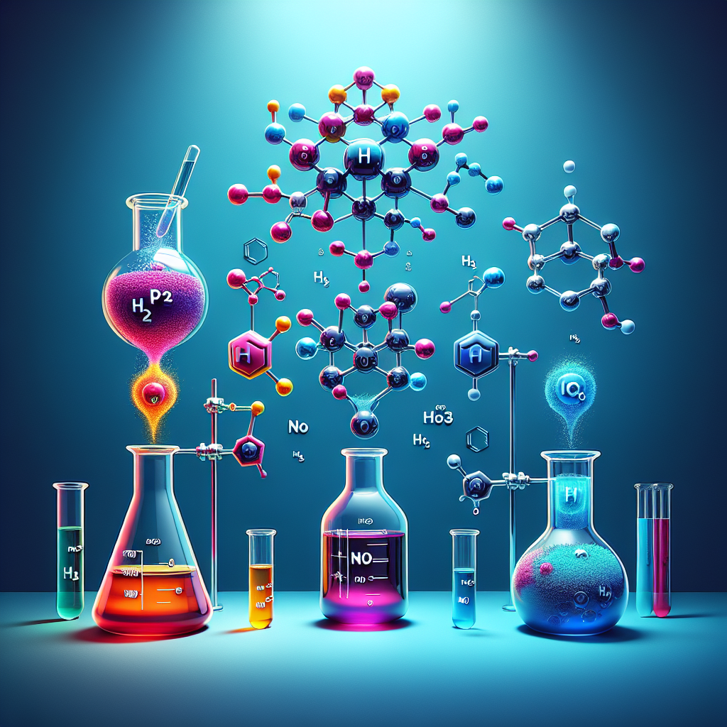 Create a visually stimulating depiction of a chemistry experiment. Display a flask filled with a vibrant P4 substance on the left. Next to it, place a bottle of HNO3 with a vivid liquid. Have these substances interacting in the center, forming a beautiful reaction. On the right, show the resultant compounds, H3PO4, NO2, and H2O, in separate containers. Make sure to convey the process of partial method balancing, possibly using suggestive shapes or colors. However, the image should contain absolutely no text.