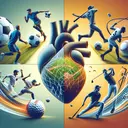 Create an image illustrating the concept of cardiovascular fitness through sports. Display visually distinct areas representing four popular sports - soccer, with players in the midst of a thrilling match, baseball, with a pitcher throwing a fast pitch, football, with a competitive game in progress, and golf, with a golfer preparing to swing. Each sports representation must exude action and energy, showcasing the physical demands and potential benefits for cardiovascular fitness. Ensure the picture communicates movement, determination, and athletic prowess, while keeping a balance and harmony in the image. The image should have no text.