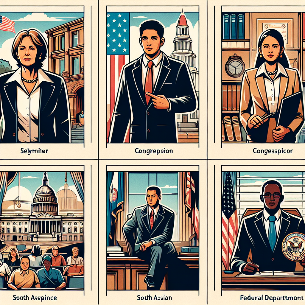 An illustrative picture showing four distinct categories of government officials represented symbolically. Conceptualize the first as a middle-aged Caucasian woman with a suit standing outside a town hall. Next, devise an image of a young Hispanic man in a suit, symbolizing a Congressperson, within a legislative chamber. For the third, suggest a South Asian woman in professional attire standing next to a map of a state. Finally, depict a Black man, symbolizing a federal department head, in an office with a national flag. Throughout, focus on conveying power, accessibility and public service.