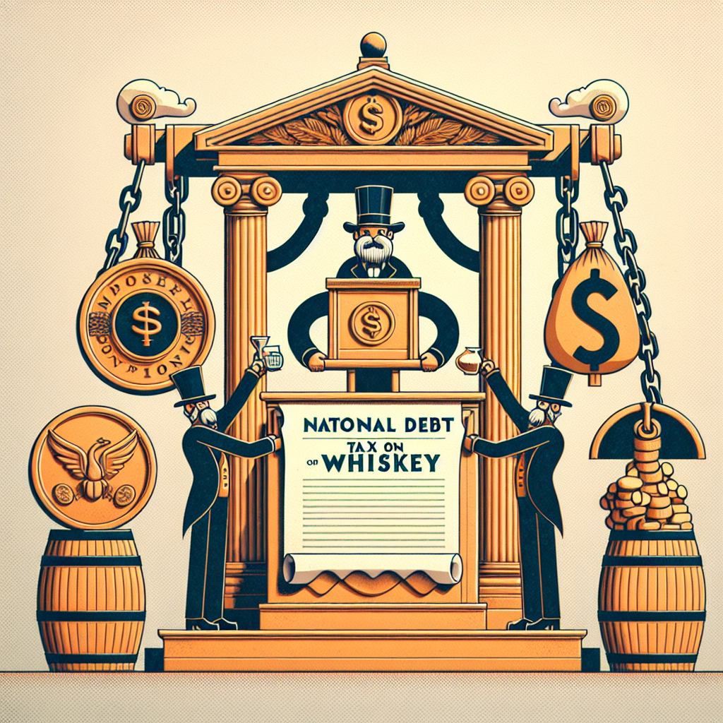 Generate an image illustrating the concept of a historical character imposing a tax on whiskey. The image might include a stylized podium with a scroll showing symbols of coins and whiskey barrels, along with a metaphorical representation of national debt, such as broken chains or a large weight being lightened. Please ensure the image contains no text.