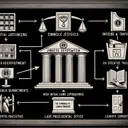 Create an illustration of a symbolic judicial system, with nine distinct elements representing justices. Additionally, show various separate compartments symbolizing his executive departments being run by invisible leaders. Also, incorporate a symbolic representation of a tax and tariff cabinet position, perhaps as a file or a book. Lastly, depict the symbol of leaving presidential office, perhaps a door being closed, indicating the decision to not run for a third term. It's important to create this image in an informative and educated style, perhaps reminiscent of a classroom blackboard, though without using any text.