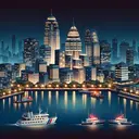 A nighttime landscape illustration of a sprawling city skyline with well-lit buildings standing tall in the darkness. The buildings and their lights reflect beautifully onto a calm river. On the river, there are both local police patrol boats and federal coast guard vessels, symbolizing the interaction and collaboration between local and federal government agencies. The city's various districts, residential, commercial, and industrial sectors can be seen in the distance.