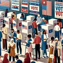 An image illustrating a diverse scene at a crowded polling station. People of various descents such as Caucasian, Black, Hispanic, Middle-Eastern, and South Asian, both male and female, are casting their vote. The scene is energized and dynamic with campaign banners and posters promoting unnamed candidates showcasing general slogans about democracy and voting rights in the background.