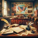 A vintage, civil-era classroom with descriptive imagery that is relevant to the Nullification Crisis. An empty wooden desk can be seen in the foreground, piled with papers, a feather quill, and an ink pot. The background of the room showcases an American flag, a map of the United States, and paintings reflecting civil-era themes. The absence of students and teachers gives an impression of a question waiting to be answered, representing the 'unanswered question of the Nullification Crisis'. Please ensure that no text is included in this image.