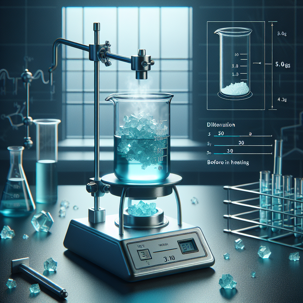 Visualize an image that depicts a scientific chemistry experiment. Show a lab setup with a small heating apparatus applying heat to a glass beaker containing bluish-green crystalline substance. The weight of the substance is precisely measured and marked as 5.0 grams. After heating, depict the substance transformed into light blue or white and reduced in weight, marked as 3.9 grams. It must show the context related to a chemistry experiment, evaporation process, and difference in the weight of the substance before and after heating. Offer a pure scientific aesthetic without any text or numerical values.