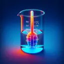 Generate an image of a scientific scenario: a clear beaker containing 22.0 g of water placed on a heat source. The initial water temperature is a moderate 25.0°C, represented by blue color. It's slowly heating up, transforming the color gradient from blue (cool) to red (hot), signifying the rise in temperature up to 100.0°C at the top. Emphasize the temperature transition but don't include any text or numbers in the image.