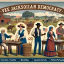 Create a visually representative scene of the era of Jacksonian Democracy. Emphasize elements such as the frontier, the common man, agrarian society, and political participation. Include a diverse group of four people - a Caucasian female farmer, a Black male artisan, a Hispanic male commoner, and a South Asian female voter - each engaged in activities such as farming, crafting, managing a general store, and casting a ballot respectively.