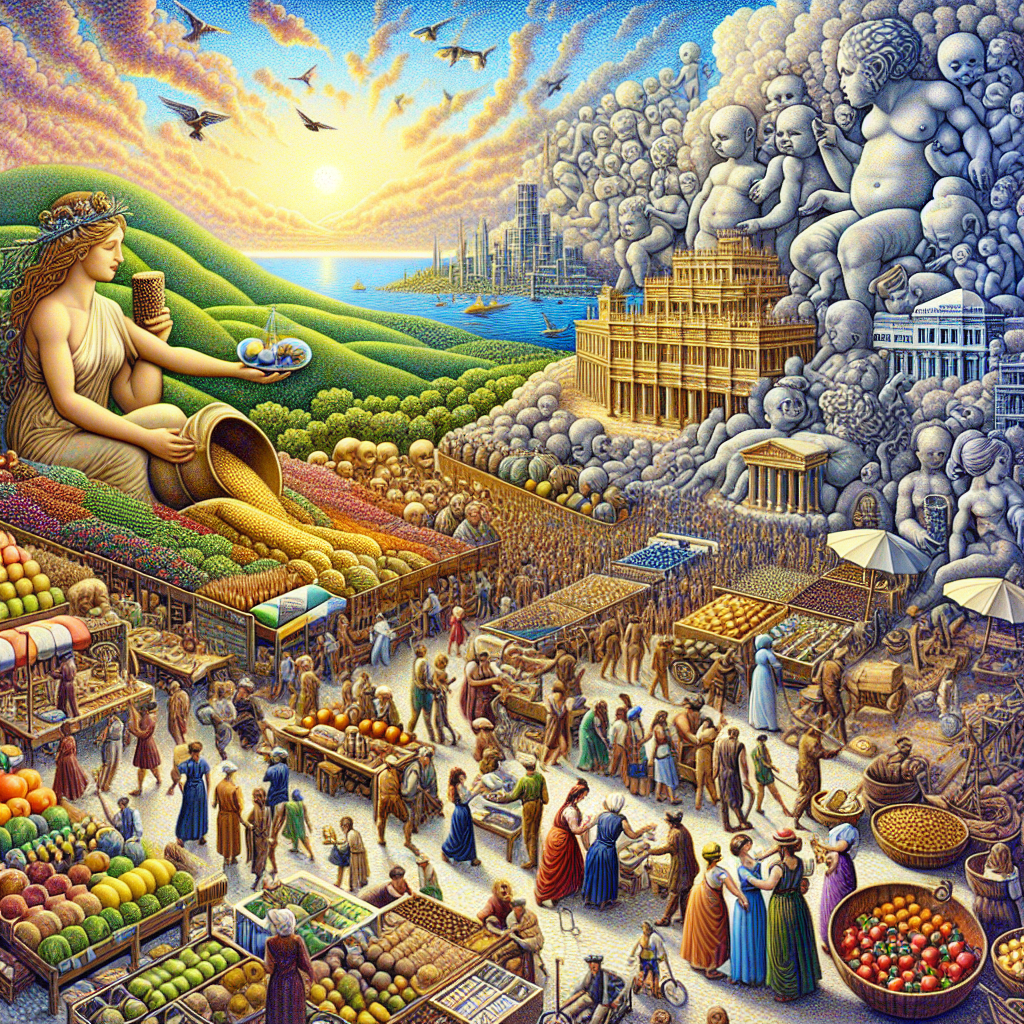 Generate an detail-rich, visually appealing image that embodies economic concepts without direct textual representation. The scene displays Mother Earth generously offering up abundant raw materials, alongside an array of tools and edifices built by individuals of diverse descents and genders, symbolizing human labor and capital. Next, show a bustling market scene where customers of assorted genders and descents are interacting and making purchases. In the background, portray elements of a secure social structure, perhaps represented by a law book and scale. Race and gender diverse individuals make conscious, informed decisions amidst a cornucopia of products. Finally, contrast the busy market with images of leisure - a park, a novel, and the like - to symbolize trade-offs in time and resources.
