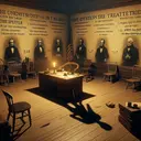 Imagine a historical setting where important debates and resolutions are being made. You can visualize this as a large chamber with wooden furniture, significant documents scattered on a desk, a candle, a quill and ink. The four areas of the room symbolize the four queries mentioned: the conflict over the tariff of 1828, John Calhoun's reaction to the tariff, the trend in the United States' early years, and the Indian Removal Act of 1830. A shadowy figure represents anxiety and tension felt by those struggling with these issues, asking for help. All entities must be non-specific, not representing any particular individual or event.