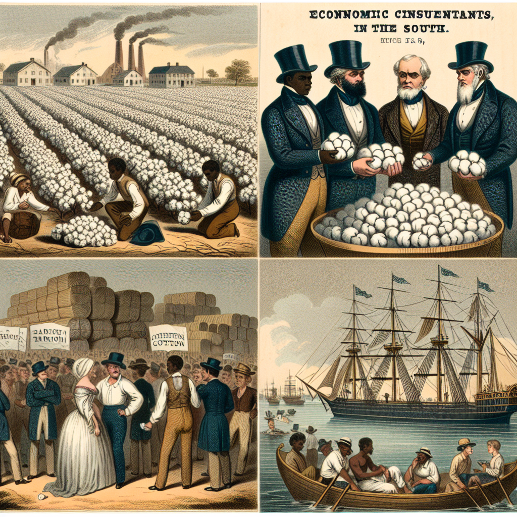 Illustrate the economic circumstances in the South in 1828 concerning the increased tariff. Showing the vast cotton fields with plantation owners and workers looking worried and discussing while holding cotton in their hands. Also show a southeastern port with ships loaded with cotton bales, with merchants appearing unhappy about the large tariff signs posted.