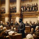 A 19th-century American courtroom scene. In the foreground, a well-dressed Black man is speaking passionately. Behind him, a team of lawyers whisper among themselves as they reference thick documents. Large, ornate columns frame the room, and spectators of various descents, including Hispanic, Middle-Eastern and South-Asian, are watching from the public gallery. An older Caucasian man in judge's robes listens attentively from an elevated position. It's a critical moment of anticipation, encapsulating the gravity of the historical legal decisions being made.