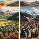 An image showcasing a diverse group of pioneers engaged in farming activities in a wide-open Oregon landscape. The scene should depict men and women of various descents such as Caucasian, Hispanic, Black, Middle-Eastern, South Asian, working together in harmony amid the fertile farmlands, against the backdrop of towering mountains and a clear blue sky. For the second image, it should depict a bustling trading post situated in a rugged mountain terrain. The scene should include traders of various descents such as White, Hispanic, Black, Middle-Eastern, South Asian, bartering colorful pelts for different types of supplies.