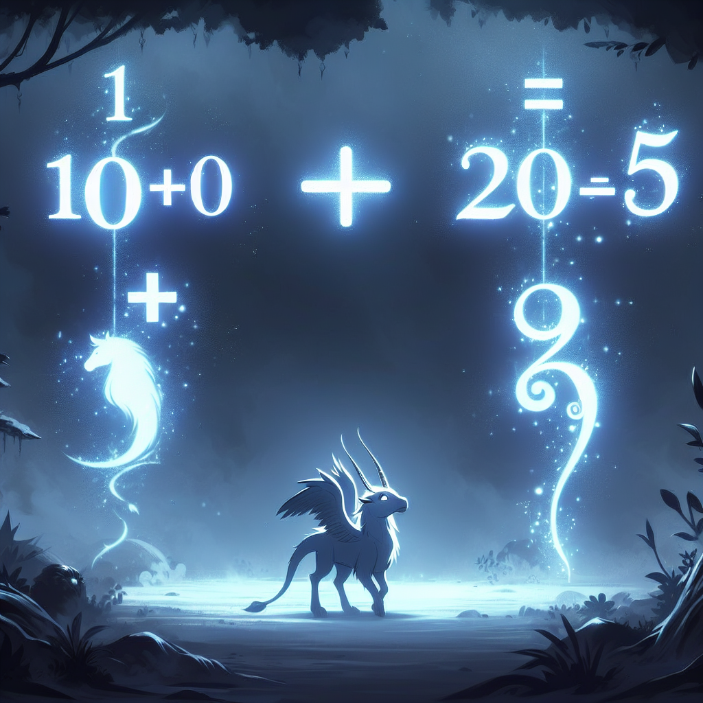An illustration of two stacked math equations in a fantasy environment. The first equation is '10+10', and the second is '20+5'. Let the numbers and symbols be dark blue, and be floating in mid-air. Illuminating the numbers is a soft, magical glow. Between these two equations, introduce an imaginary creature, something like a griffin or hippocampus, looking puzzled, indicating that it's trying to solve these math equations. However, make sure there's no textual content present in the image.