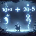 An illustration of two stacked math equations in a fantasy environment. The first equation is '10+10', and the second is '20+5'. Let the numbers and symbols be dark blue, and be floating in mid-air. Illuminating the numbers is a soft, magical glow. Between these two equations, introduce an imaginary creature, something like a griffin or hippocampus, looking puzzled, indicating that it's trying to solve these math equations. However, make sure there's no textual content present in the image.