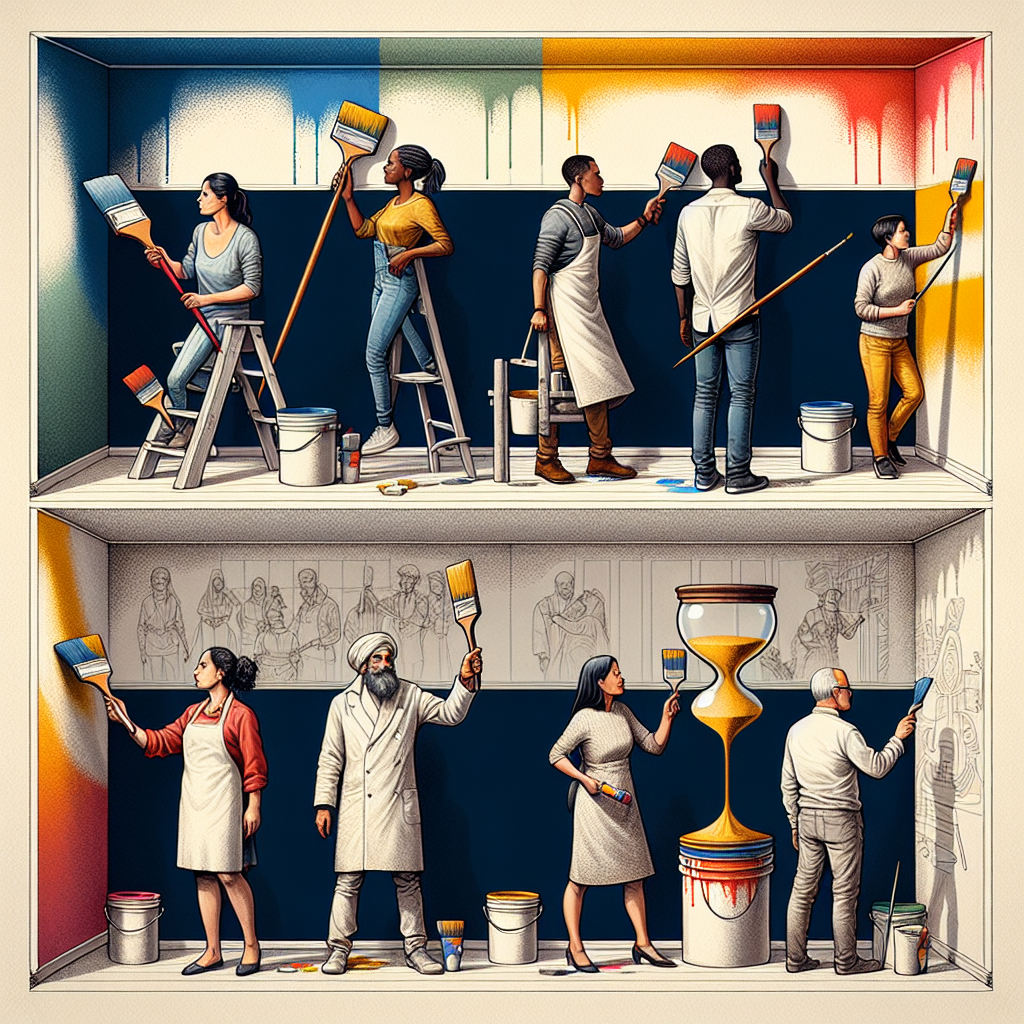 A meticulously planned and detailed image of a room during the painting process. Five individuals of different descent – Hispanic, Middle-Eastern, Black, South-Asian, and Caucasian, two women and three men, are painting on the walls together. Their brushes are dipped in vibrant paint colors. The room has its walls half-painted and stencils are still visible, suggesting that painting may not be done yet. Also, include imagery of an hourglass indicating the passage of eight hours. In another portion of the image, depict four people, a Caucasian man, a Hispanic woman, a Middle-Eastern man, and a South Asian woman preparing to paint, pointing towards an untouched wall.
