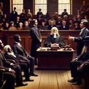 A historic courtroom scene taking place during the mid-19th century, portraying the moment of the Dred Scott v. Sandford ruling. Players are positioned accordingly; a judge wearing a robe and white wig, seated imposingly on an elevated bench. Lawyers in black suits, standing near the judge, are fervently discussing. Dred Scott, a black man, sits anxiously. The backdrop is an old American courtroom with wooden interior, big windows allowing some sunlight, and spectators eagerly watching in the background. Emphasize suspense and seriousness.