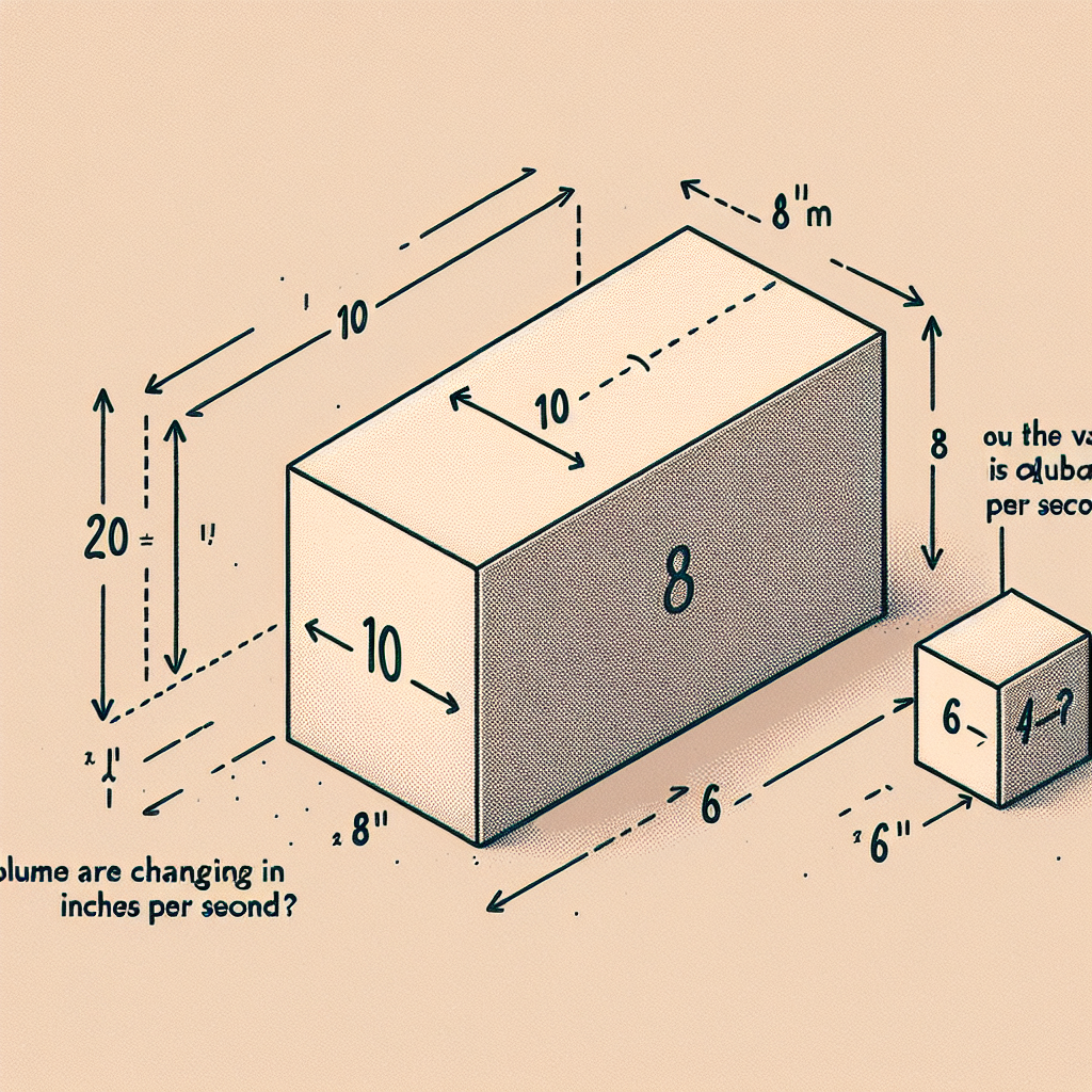 Create an image to demonstrate a mathematical question. The visualization should include a rectangular box. This box has a height of 10 inches. The length of the box, illustrated as increasing, should be shown as 8 inches. Similarly, the width of the box, illustrated as decreasing, should be represented as 6 inches. The depiction of the box should hint at the was the volume is changing in cubic inches per second. Please refrain from incorporating any text into the image.